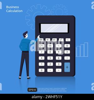Business calculation concept with businessman character and calculator symbol flat vector illustration. Stock Vector