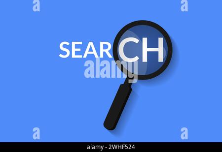 Magnifier and search word concept isolated with blue background vector illustration. Stock Vector