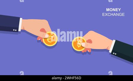Businessmen hands holding coin of euro and dollar concept. Money exchange vector illustration Stock Vector