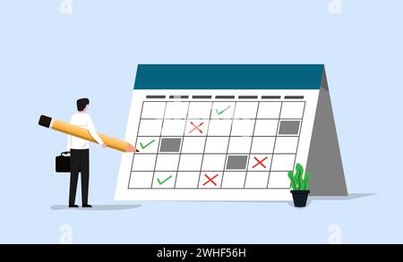 Businessman filling out the schedule on giant calendar. Work in progress and time management concept. Stock Vector