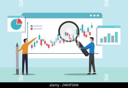 People analyzing growth chart concept. Data analysis and monitoring investment vector illustration Stock Vector
