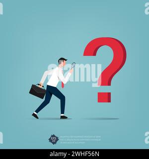 Businessman investigating question mark with magnifying vector illustration. Stock Vector