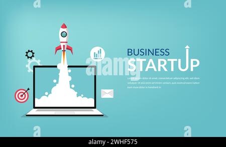 Business startup launching products with rocket symbol. Start up concept vector illustration Stock Vector
