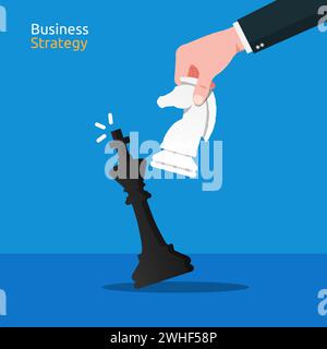 Close up shot hand of business man moving white knight chess to defeat black king chess concept. Business strategy vector illustration Stock Vector