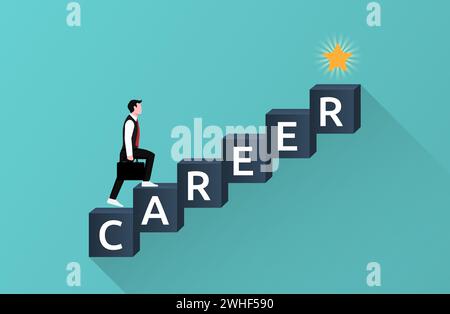 Businessman walking on cubes with text career symbol to reach shiny star. Career growth and development concept vector illustration. Stock Vector