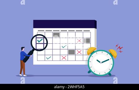 Man checking schedule of work with magnifying glass. Time management and task reminder concept Stock Vector