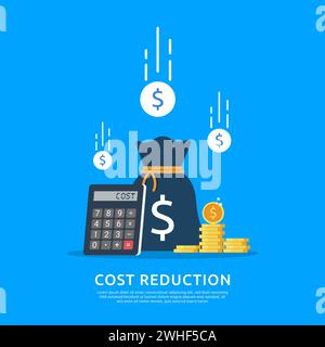 Costs reduction, costs cut, costs optimization business concept. Sack of money, calculator and coins symbol vector illustration Stock Vector