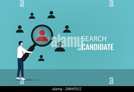 Searching candidate concept with businessman holding magnifier symbol vector illustration. Stock Vector