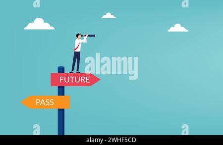 Businessman holds telescope looking into future concept illustration. Stock Vector