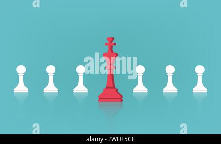 Leadership concept with chess king in front of pawns line vector illustration. Stock Vector