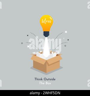 Idea lamp light launch from box cartoon icon illustration. Think outside of box concept. Stock Vector