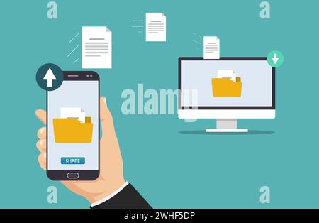 File transfer concept. Hand holding smartphone transferring folder and files to computer vector illustration. Stock Vector