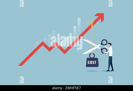 Businessman cut rope with cost hanging on red arrow. Cost reduction, efficiency and optimization concept illustration Stock Vector