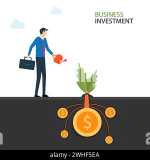 Business investment concept, Businessman watering money tree symbol illustration Stock Vector