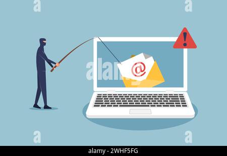 Hacker breaks email on laptop screen concept. phishing and cyber crime vector illustration Stock Vector
