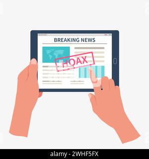 Hands holding tablet and reading fake breaking news. Propaganda, disinformation and hoax concept. Stock Vector