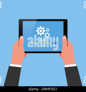 Hand holding tablet with system being updated symbol. Stock Vector