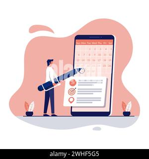 Businessman booking an appointment via smartphone app concept illustration. Stock Vector