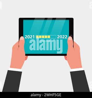 Loading new year 2021 to 2022 on tablet screen and progress bar. Stock Vector