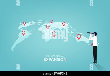 Future business expansion concept. Businessman looking through telescope for new business development. Stock Vector