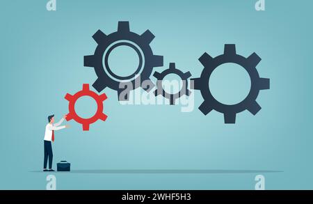 Businessman rolling a small red gear to large gears symbol. Business concept and increase of efficiency and productivity illustration. Stock Vector