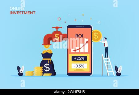 Online investment concept with businessman inserting coin into mobile phone to make more money symbol. Stock Vector