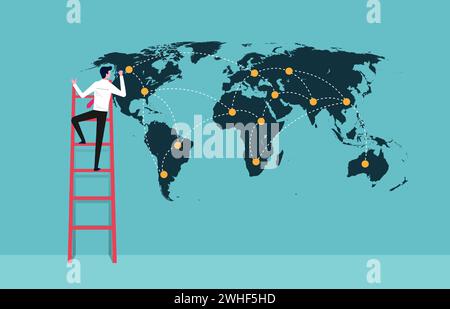 Future business developments strategy. Businessman drawing the world map and the main points to expand new business. Stock Vector