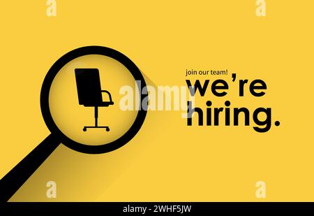 We're hiring concept. Minimal business recruiting announcement with office chair and magnifying glass symbol. Stock Vector