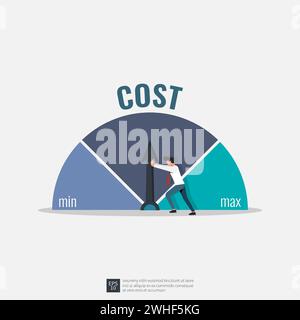 Businessman trying to push cost to minimum position illustration. Cost reduction strategy concept. Stock Vector