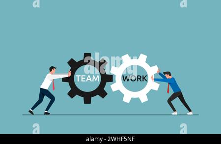 Business team work concept. Businessmen pushing gears wheel vector illustration. Stock Vector