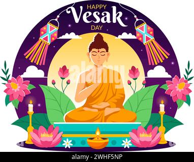 Vesak Day Celebration Vector Illustration with Temple Silhouette, Lotus Flower, Lantern or Buddha Person in Holiday Flat Cartoon Background Stock Vector