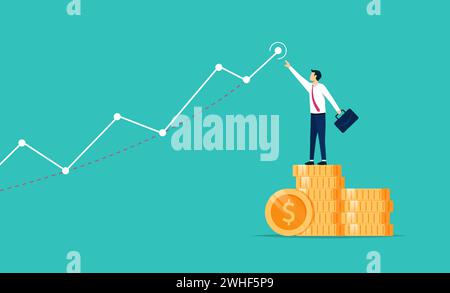 Businessman standing on piles of money coins with graph chart vector illustration Stock Vector