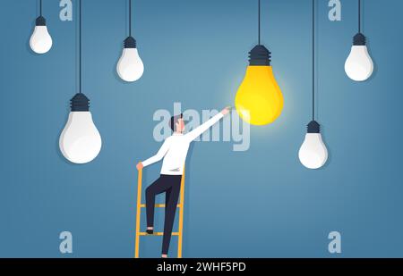 Idea concept. Businessman climbing ladder and reaching light bulb vector illustration. Stock Vector
