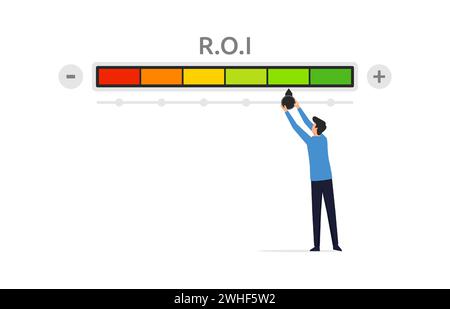 Return on investment color scale concept, man trying to move needle to green sign illustration Stock Vector