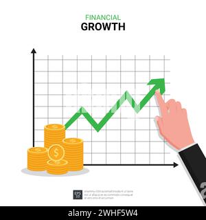 Hand pointing finger to green arrow concept. Financial growth and profit increase symbol vector illustration. Stock Vector