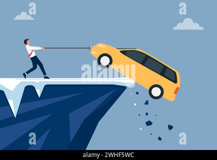 Businessman trying to save his car illustration. Financial problems of debt or loan flat vector. Stock Vector