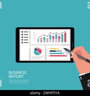 Business report on tablet screen display with hand symbol. Chart document data report concept for business statistics vector illustration Stock Vector