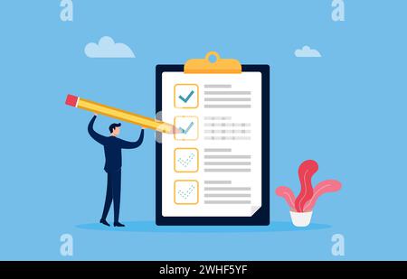 Businessman checking list with tick mark on clipboard. Business organization and achievements of goals vector concept Stock Vector
