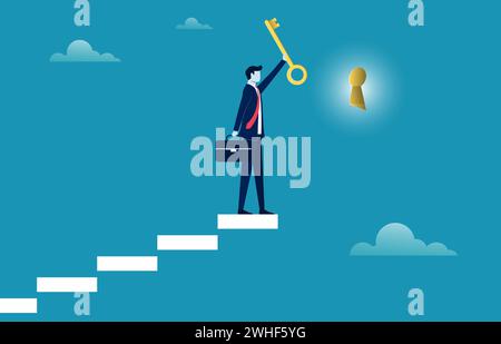 Businessman climbing the stairs to put a big key as symbol of problem solution, Business concept vector illustration Stock Vector