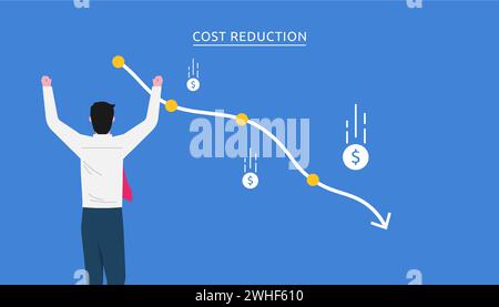 Costs reduction, costs cut, costs optimization business concept. Businessman views graph with descending curve and coins falls symbol. Stock Vector