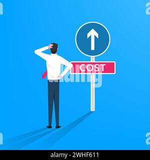 Cost increase concept. Businessman looking at road sign cost rising up symbolizing business obstacle vector illustration Stock Vector