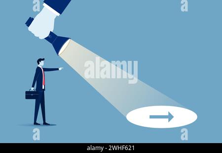 Uncover Direction. A hand holding a flashlight uncovering hidden arrow sign vector illustration Stock Vector