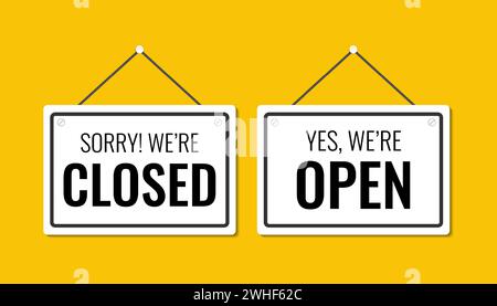yes we're open or closed in signboard with a rope, set of door sign icons Stock Vector