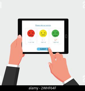 Online survey on tablet concept. Hand hold gadget to gives feedback vector illustration Stock Vector