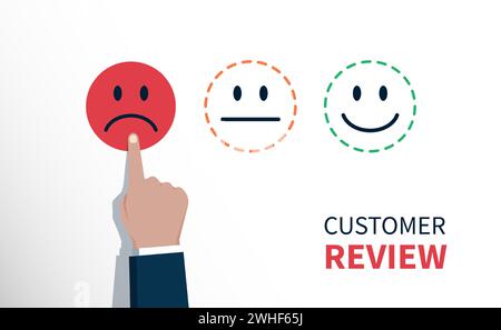Negative review or feedback concept, hand of client chose sad face icon, customer service evaluation Stock Vector