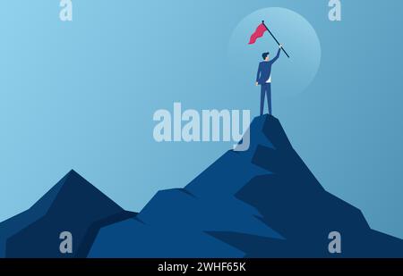 Businessman holding red flag on top of mountain, business, success, leadership, achievement and people concept Stock Vector