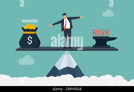 Businessman balancing between reward and risk business concept on top of mountain. Stock Vector