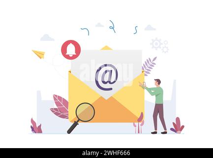 email verifying concept, man checking email, new incoming message notification Stock Vector