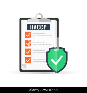 HACCP, Hazard Analysis Critical Control Points icon with shield protection and checkmark symbol Stock Vector