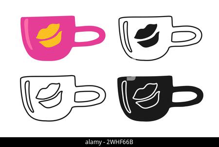 Mug line icon, cartoon symbol and doodle stamp set. Stylized flat cup sign for infographic, website, app or logo. Simple symbol mug coffee or tea crockery, kitchen utensils, cafe restaurant Vector Stock Vector